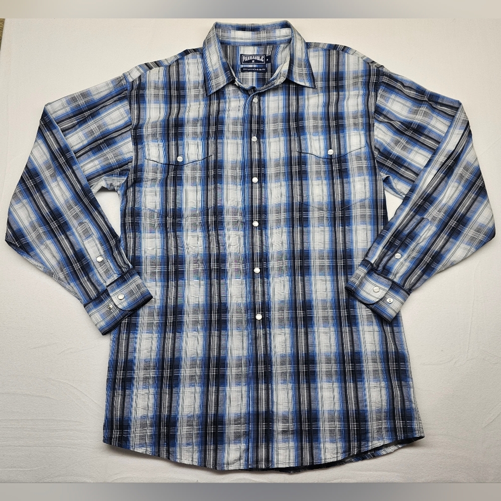 Panhandle Slim Plaid Western Shirt Mens Medium Blue White Long Sleeve